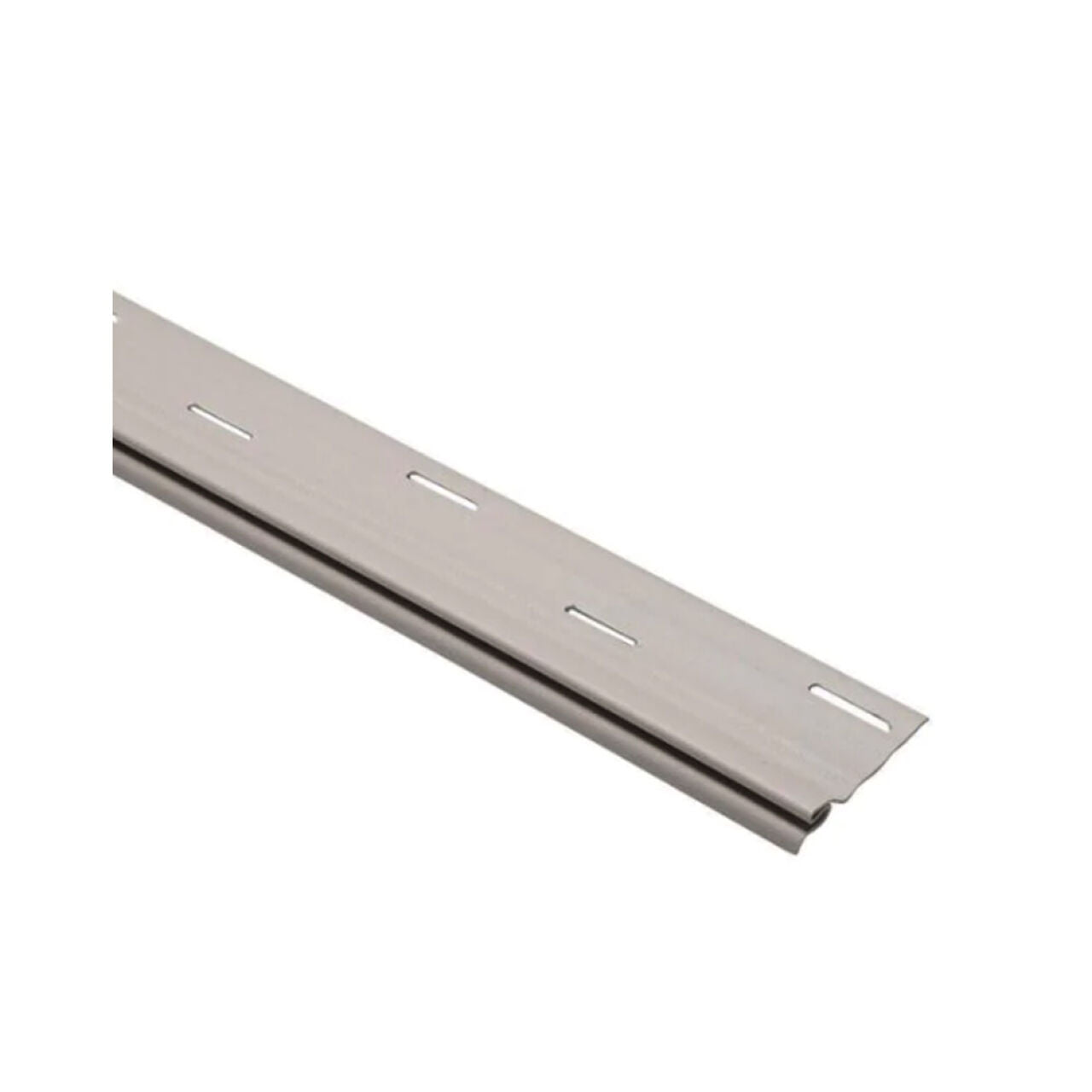 The Go Build 2-3/4 in. x 150 in. Vinyl Starter Strip features a smooth finish with evenly spaced slots, ideal for vinyl siding installation. The trim is displayed on a white background.